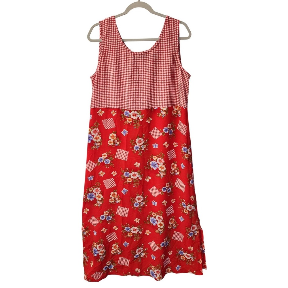 Sag Harbor Dress Womens 12 Red White Gingham Floral Butterfly Patchwork Midi 90s